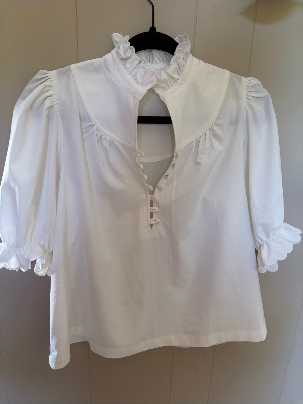Pomander Place White Ruffled High-Neck Selena Puff Sleeve Blouse - Picture 2 of 5